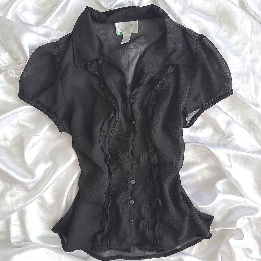 Ann Taylor Loft Petites Black Sheer Ruffle Button Down Blouse Size 8P